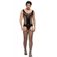 Men's Bodystocking, Solid panels and hole pattern mesh, ONE SIZE, BLACK